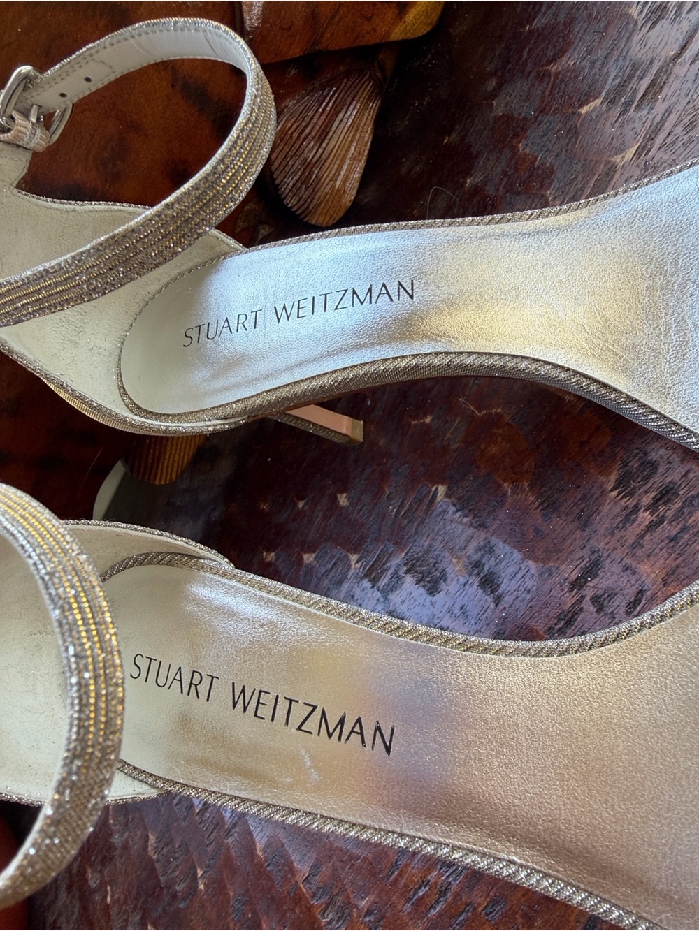 Stuart Weitzman Sparkle Glitter Strappy Heels Silver Gold 9M Wedding Nudist 75 - Picture 5 of 11